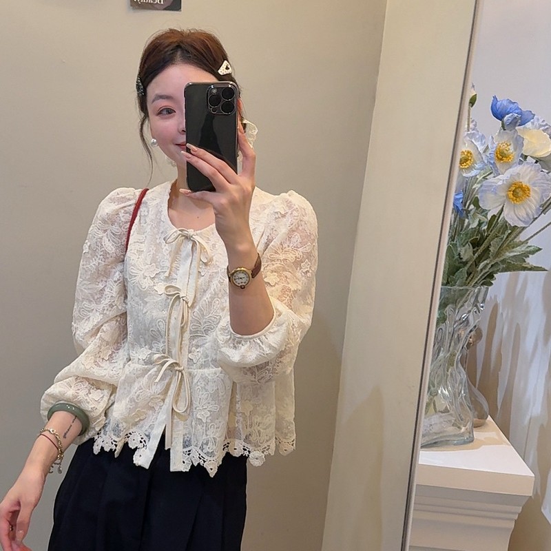 Lao Zhao Apparel Heavy Lace Embroidery Tie-Strap Shirt Top 21Au3978