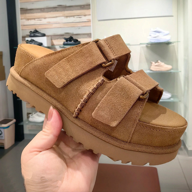 2025 Summer Women's Velcro Thick-Soled Height-Increasing Sandals with Buckle, Genuine Leather, Outdoor Wear, Suede Cowhide Open-Toe Slippers