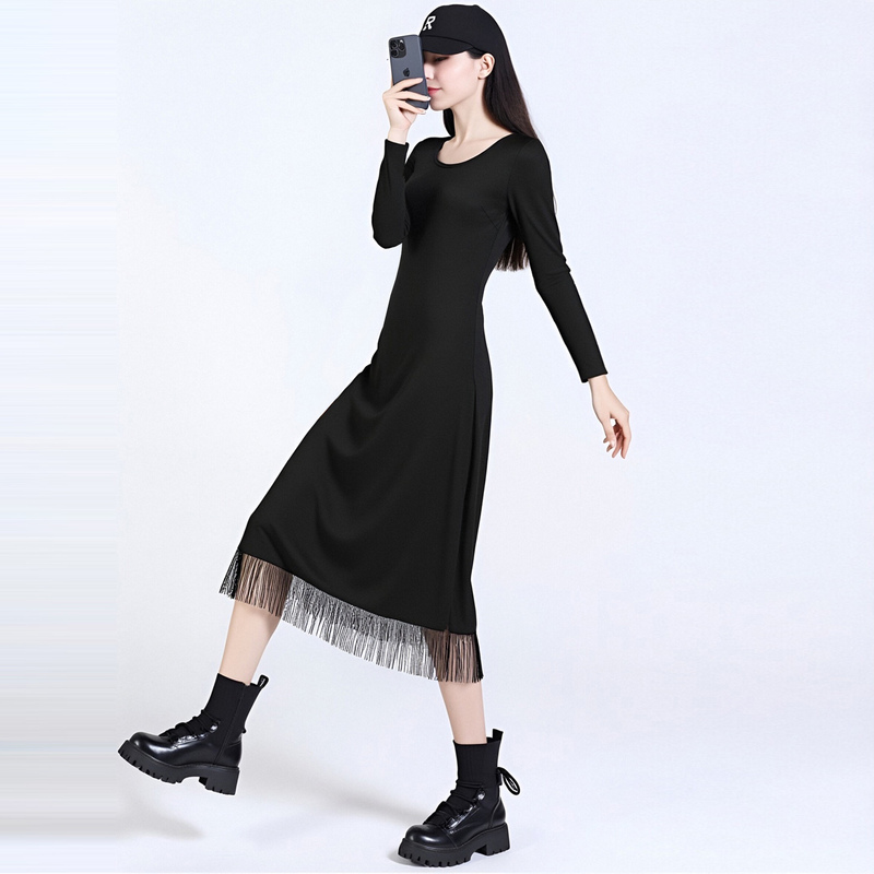 2026 Spring Round Neck Long Sleeve Dress, Mid-Length, Tall Figure, Base Layer Dress, Tummy-Covering, Tassel Waist-Cinching, Slimming