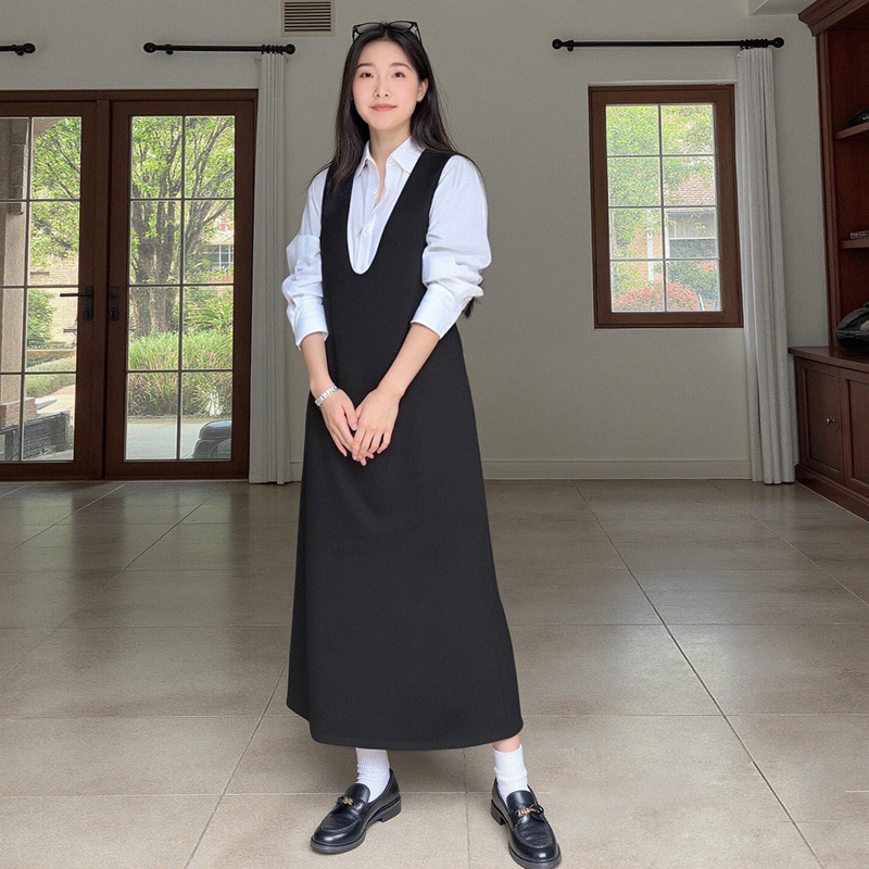 2026 Spring V-Neck Sleeveless Dress, Mid-Length, for Tall People, Vest Dress, Covers Belly Fat, Slimming Waist, Makes You Look Slimmer