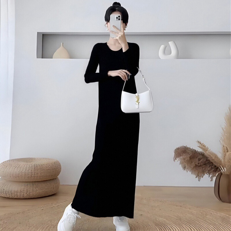 2026 Spring Round Neck Long Sleeve Dress, Extra Long for Tall People, Base Layer Dress to Cover Belly Fat, Slimming and Waist-Defining