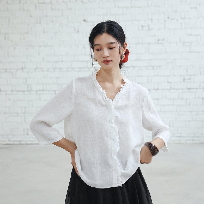 Blooming 437 Flowers/【Black, White, and Gray Series·Wave Shirt】New Linen Long-Sleeve Ruffle Shirt for Women Blooming 437 Flowers/【Black, White, and Gray Series·Wave Shirt】New Linen Long-Sleeve Ruffle Shirt for Women