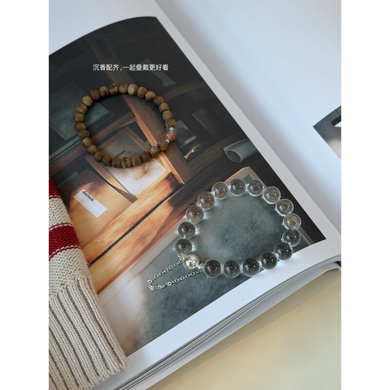 Hezi Treasures |   White Crystal Bubble Bead Bracelet + Southern Red Agarwood Bracelet, Double a White Crystal