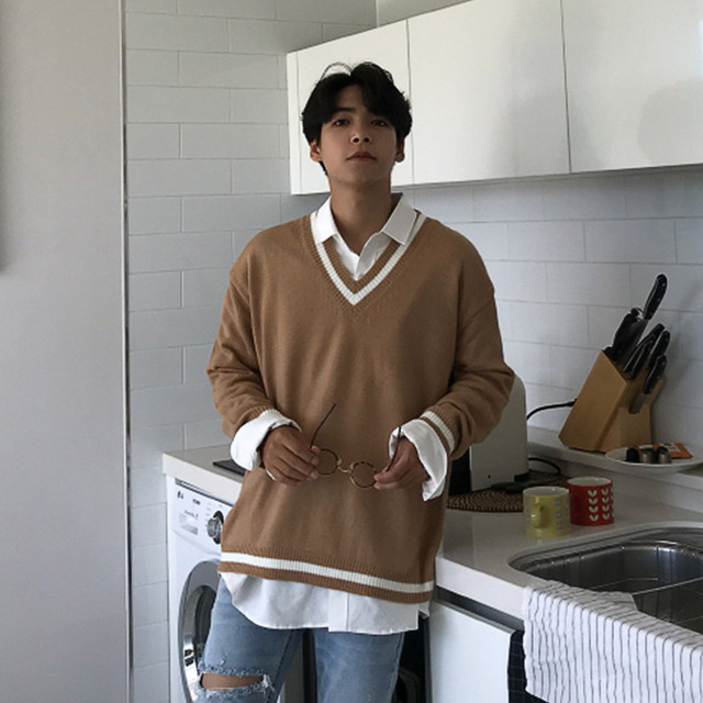 Big V Korean style V-neck sweater with stripes between collar and cuffs, loose Korean style personalized student knitwear trend