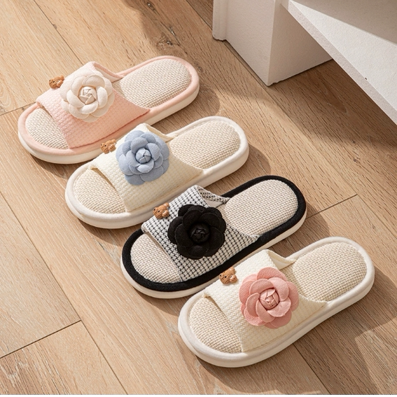 Cross-Border Amazon Houndstooth Camellia Linen Slippers for Women Indoor Cotton and Linen Slippers for Women Summer Home Slippers