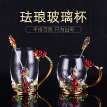Creative Enamel Color Lovers Water Glass Home Coffee Cup Crystal Glass Cups Women Juice Cups Flower Tea Cup Gift Suit