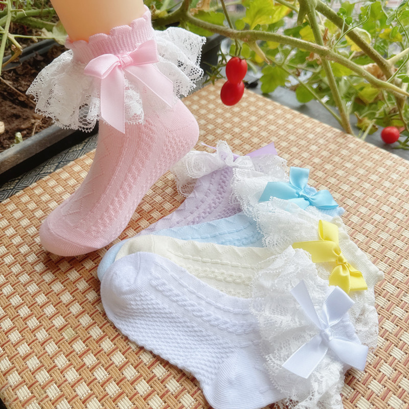 3 Pairs of Pure Cotton Girls' Spring and Summer Ultra-Thin Mesh Breathable Mid-Calf Socks with Bow Lace Trim for Women