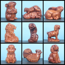 Dongyang wood carving rabbit Mahogany sheep lucky Feng Shui Solid wood green tiger zodiac home handle ornaments