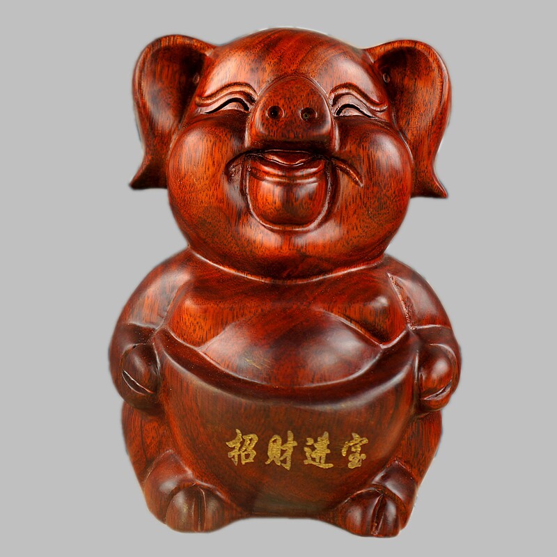 Dongyang Wood Carving Lucky Pig Ornament Wooden Pig Handicraft Lucky Twelve Zodiac Solid Wood Piggy Home Desktop Ornament
