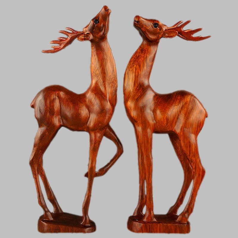 Dongyang wood carved solid wood mahogany Iron rosewood wood crafts Lucky road lucky double deer Sika deer wooden ornaments