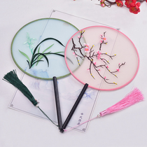 Double-sided embroidery antique fan embroidery Group fan machine embroidery black sandalwood fan handle womens retro Su embroidery long handle tassel round fan