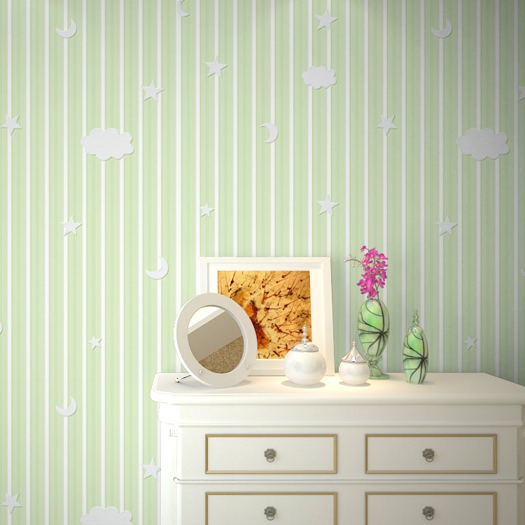 Nursery Eco-Friendly Nonwoven Wallpaper Vertical Striped Stars Moon Blue Green Pink Beige Cartoon Wallpaper