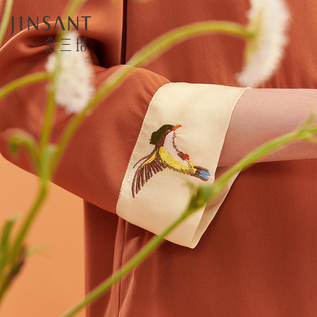 Jin Santa ຫນັກ Stretch Mulberry Silk Embroidered Birds Contrast Color Shirt Collar Solid Color Silky Home Clothes ສອງຊິ້ນຊຸດ