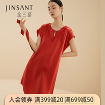 Golden Three Tower Serine Silk Round Neck Short Sleeve Dress 100% Mulberry Silk Solid Pajamas Women Summer