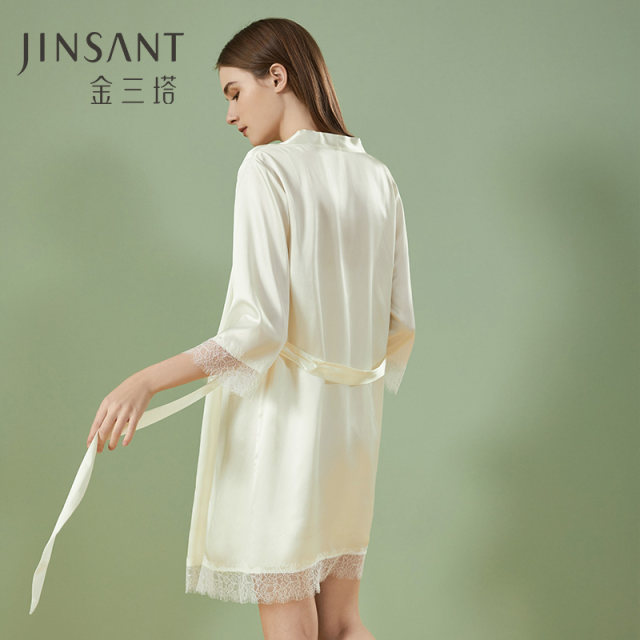 Jinsanta 100% Mulberry Silk Smooth and Comfortable Silk Elegant Lace Nightgown Pure White Home Clothing ສິນຄ້າໃຫມ່