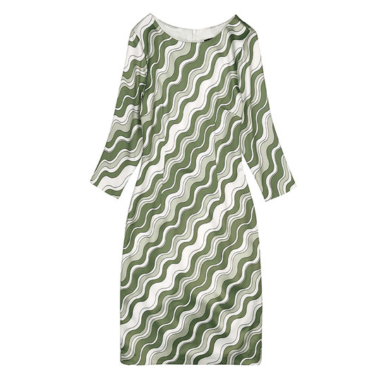 抽象印花2024春秋新品修身收腰七分袖包臀女装大码度假穿连衣裙子