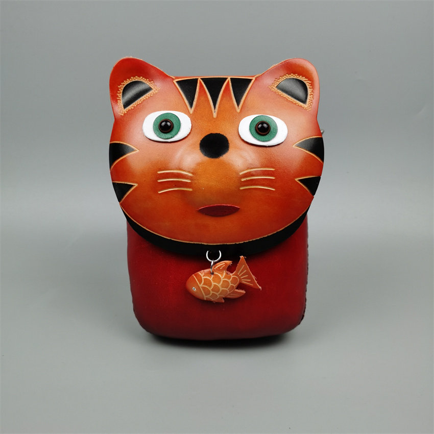 Genuine leather bag Female Slanted Satchel Mini Cute Cartoon Kitty Student Single Shoulder phone bag Leisure Little Shoulder Bag