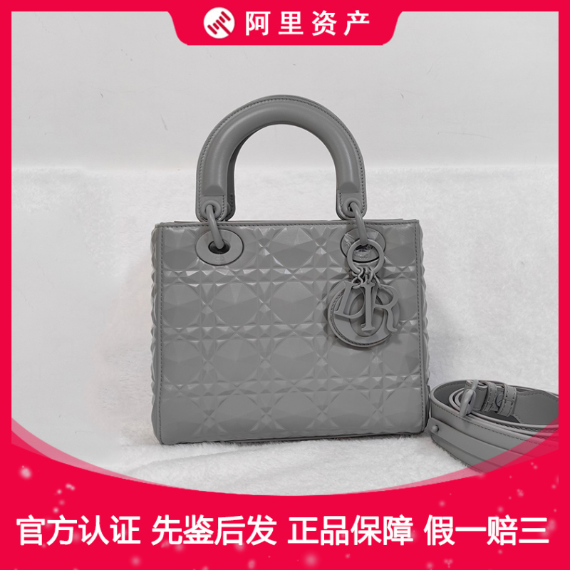 Authentic Product from the Store [9.9 New] Dior/Christian Dior Lady Dior Gray Leather Diamond Quilted Shoulder Tote Bag
