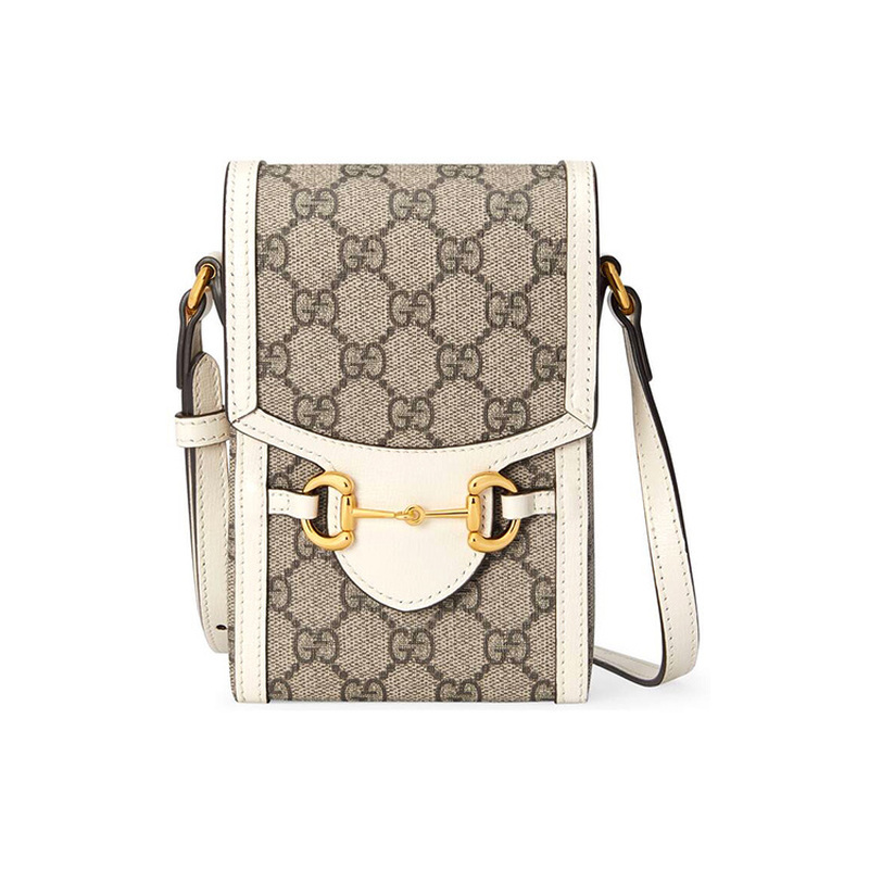 Gucci/Gucci Horsebit1955 Canvas and Leather Ebony White Mini Mobile Phone Crossbody Bag