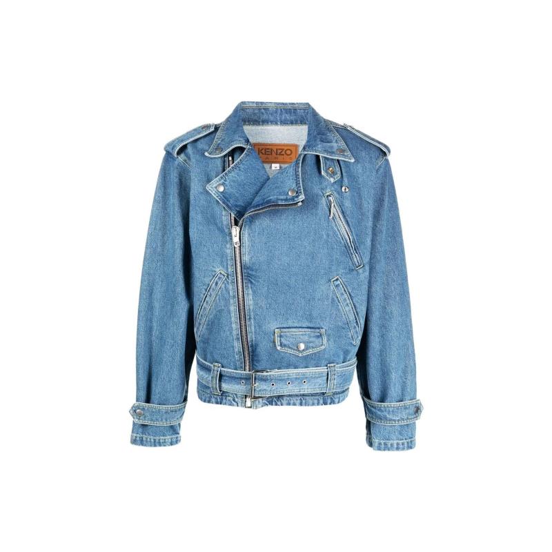 KENZO FW22 春夏 纯色斜拉链梯形翻领淡色牛仔外套 男款 蓝色