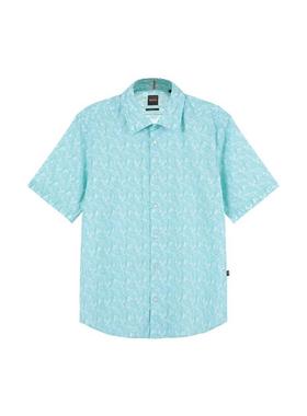 HUGO BOSS SS23 条纹棉质府绸印花短袖衬衫 男款 薄荷绿色
