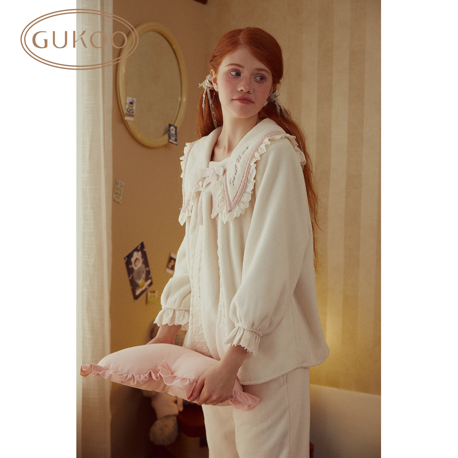 Gukoo/果壳睡衣女秋冬珊瑚绒舒适保暖翻领女家居套装可外穿S724426203503