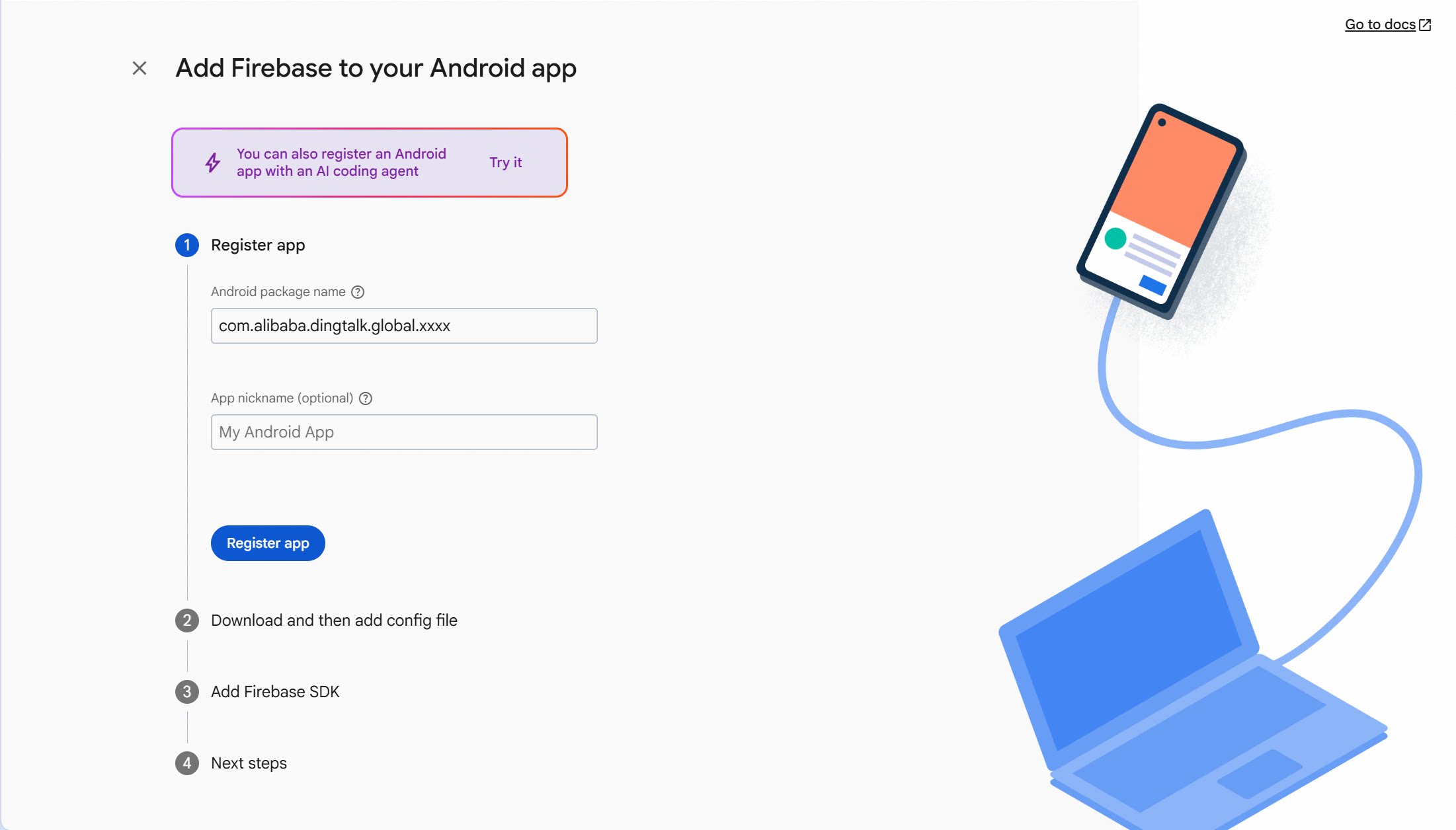 Enter the Android package name and app nickname