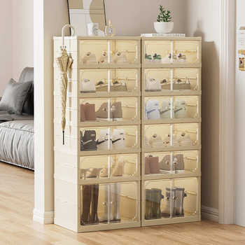 Double row integrated shoe cabinet foldable transparent magnetic shoe storage box shoe rack installation dustproof shoe box