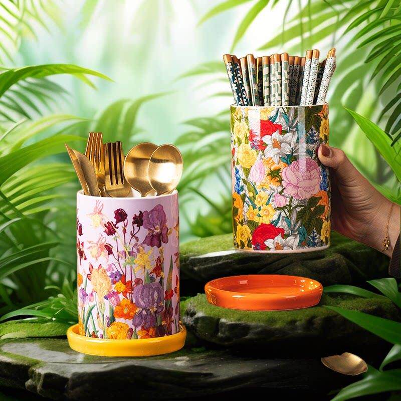Creative high-grade flower bud ceramic chopstick barrel, light luxury household drain rack, chopstick cage, knife, fork, spoon, tableware storage box