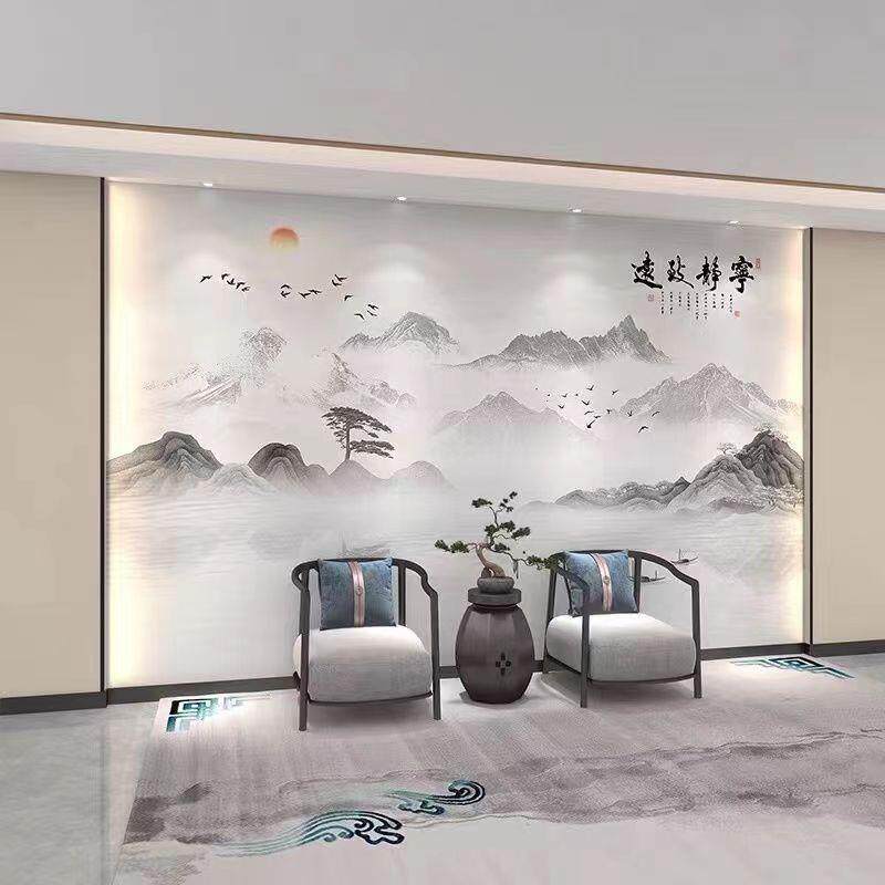 新款直销复古新中式山水壁纸电视背景沙发卧室客厅壁画硬包背景墙