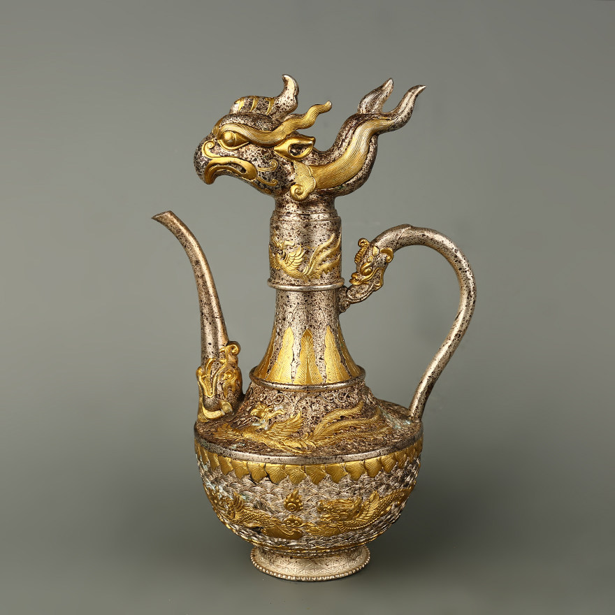 竜把竜嘴大肚壺銅酒壺、古玩銅器、銅置物コレクション、大型酒器 、文