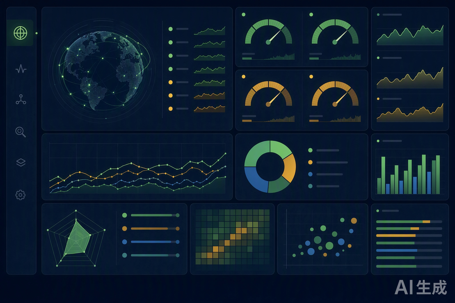 Dashboard with gauges, charts and metrics in a clean grid layout representing the SEO and GEO audit