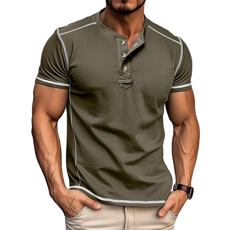 2025 Summer Cross-Border European and American Men's Short-Sleeved Henley Shirt Amazon Men's Round Neck T-Shirt 3-Button Top for Men
