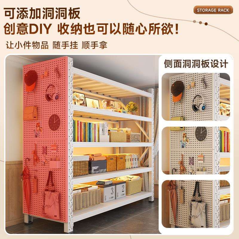 Use perforated board shelves to store five 704 gold tool storage display racks in the garage and basement.