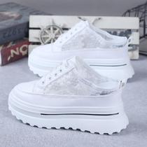 2024 springtime small white shoes female Baotou Outer wearing half trawl shoes female thick bottom inner heightening 10CM no heel sloth shoes