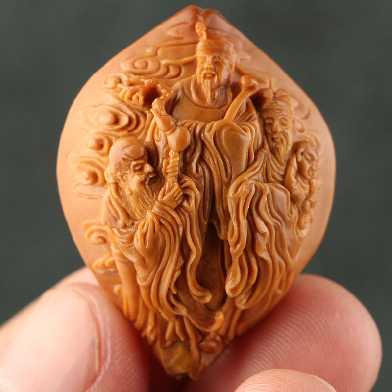 2 7x3 7cm (fu green shou) Ma Yuehui works olive nuclear sculpted four flowers old oil nuclear single seed pendant