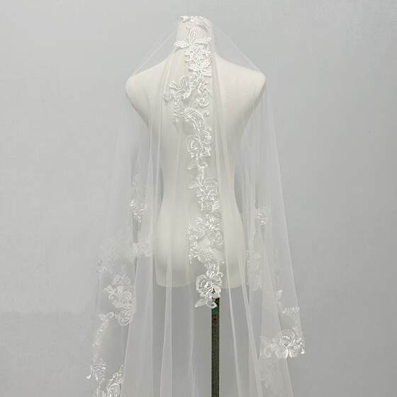 头纱新娘主婚纱头饰长拖尾重工轻奢复古蕾丝跟妆造型软纱鱼尾婚纱