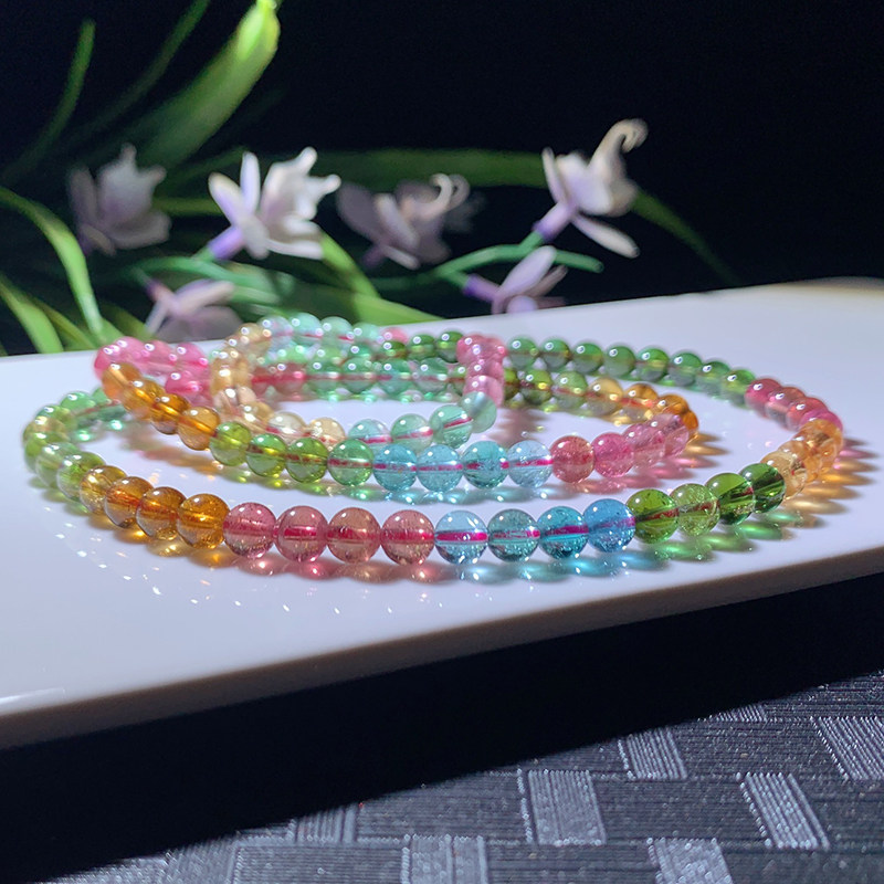 New 6 1 mm 39 7 grams of candy color Brazil natural tourmaline three laps bracelet women rainbow color 03925