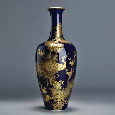 Gouge collection grade blue glaze 24k gold painted pine crane Yannan sulforaphne bottle ornaments handmade Jingdezhen porcelain