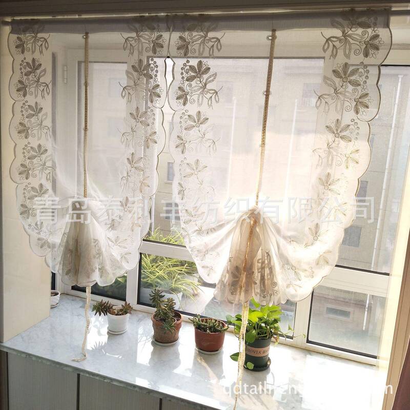Snowy Linen Yarn Embroidered Curtains, Window Screens, Bay Window Lift-Up Balloon Curtains