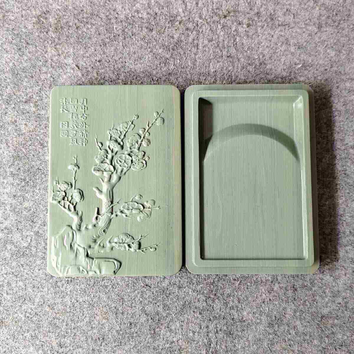旧家蔵出『清 松花石硯 魚式硯 石盒蓋硯 龍汝言