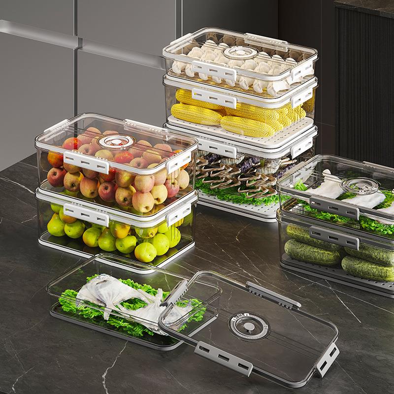 Refrigerator Storage Box Plastic Kitchen Organizer Timer Freezer Pet Sealed White Transparent Vegetable and Fruit Preservation Box