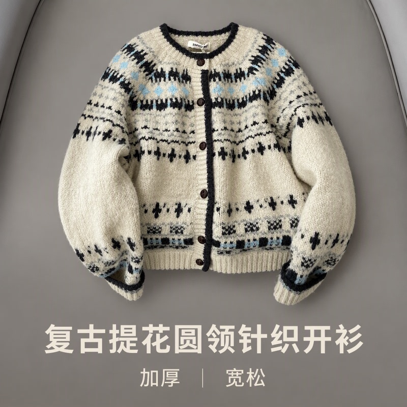 Retro Jacquard Round Neck Knitwear for Women in Autumn and Winter Thickeneded Single-Breasted Loose Fair Isle Cardigan Knitwear Jacket Retro Jacquard Round Neck Knitwear for Women in Autumn and Winter Thickeneded Single-Breasted Loose Fair Isle Cardigan Knitwear Jacket