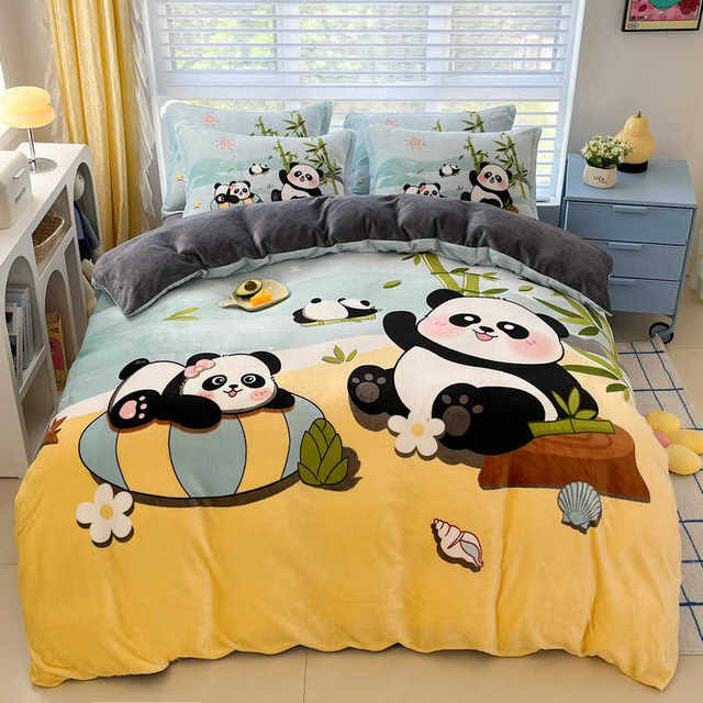 National treasure panda milk velvet cartoon bed four-piece set for children winter thickened baby velvet sheets and quilt cover coral velvet