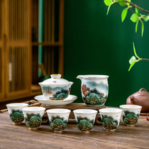 Collectible landscape painting ceramic tea set national master Liu Peizhus hand-painted cover bowl justice cup master cup set