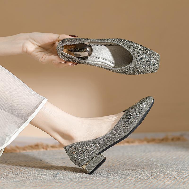 Chunky Heel Square-Toe Women's Shoes, New Style with Rhinestones, French Fashion, Mid-Heel, Shallow Mouth, Versatile with Skirts, Elegant Full Rhinestone Women's Shoes