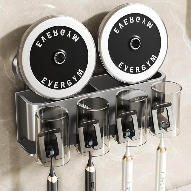Bathroom Space Aluminum Toothbrush Holder Wall-Mounted Suction Cup Style Light Luxury Minimalist Toothbrush and Toothpaste Storage Rack Mouthwash Cup Hanger