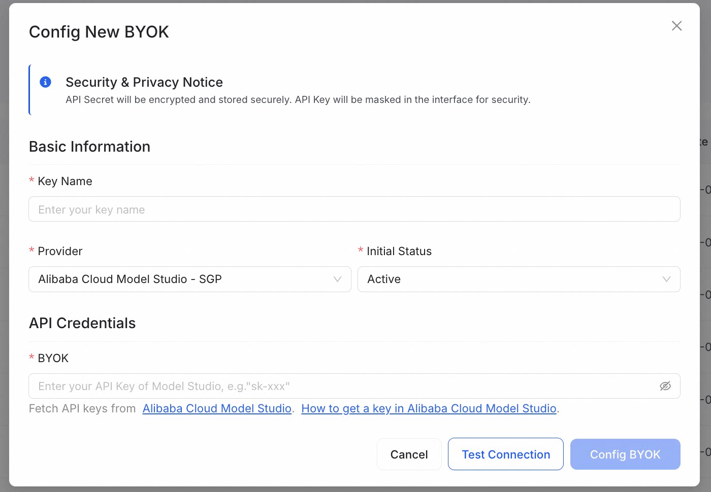 Configure BYOK Details