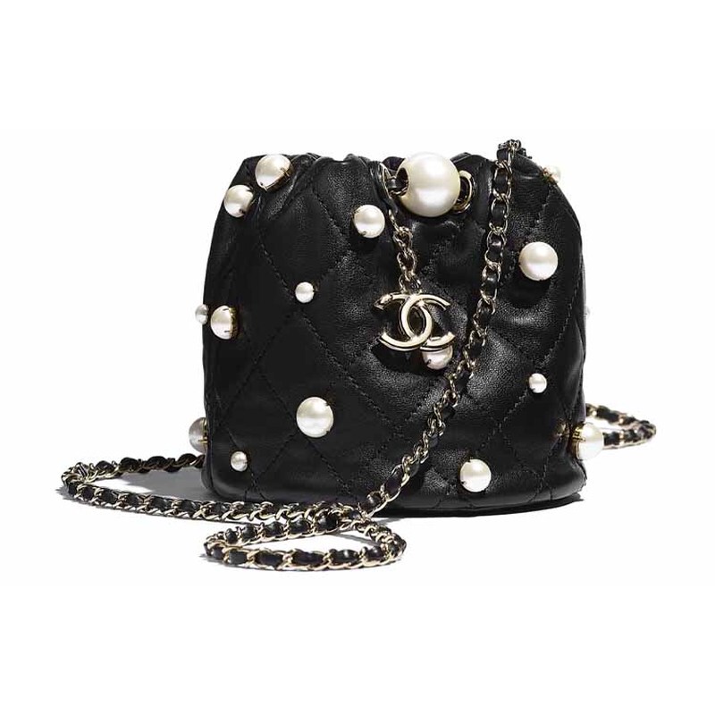 9.9 New Chanel/Chanel Sheepskin Black Women's Mini Bucket Bag Shoulder Crossbody Bag