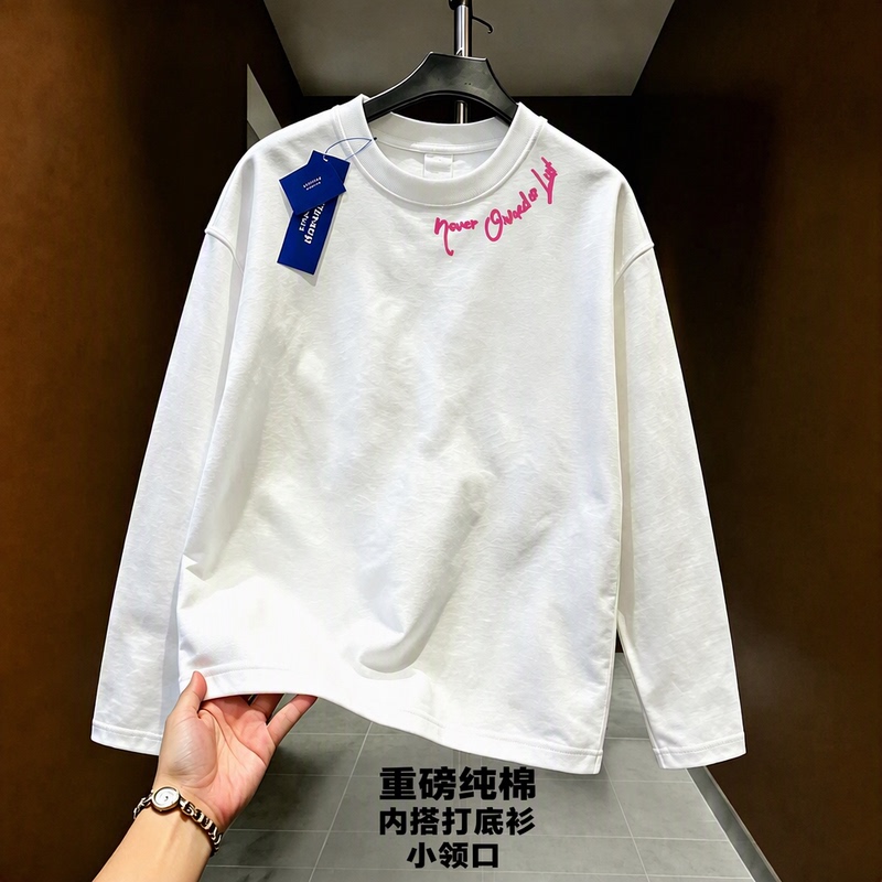 Heavyweight Pure Cotton Long-Sleeve T-Shirt for Men and Women, Loose Fit, Drop Shoulder, Youth/Student Style, Small Neckline Print, Inner Layer/Base Layer Shirt